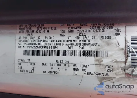 2015 Ford Transit-350 z USA, uszkodzony, nr VIN 1FTSW2ZMXFKB28154